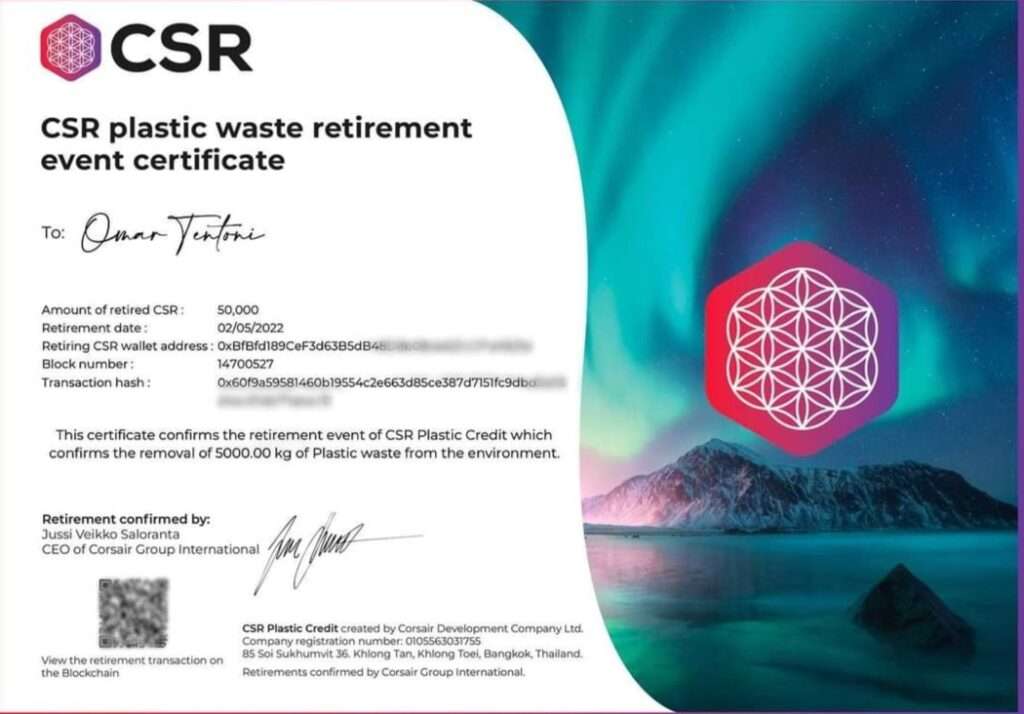 CSR plastic waste retirement event certificate: certificato di ritiro crediti CSR con hash blockchain
