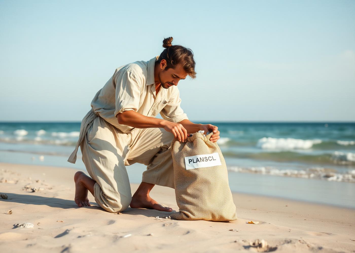 Operatore raccoglie manualmente plastica su una spiaggia mediterranea