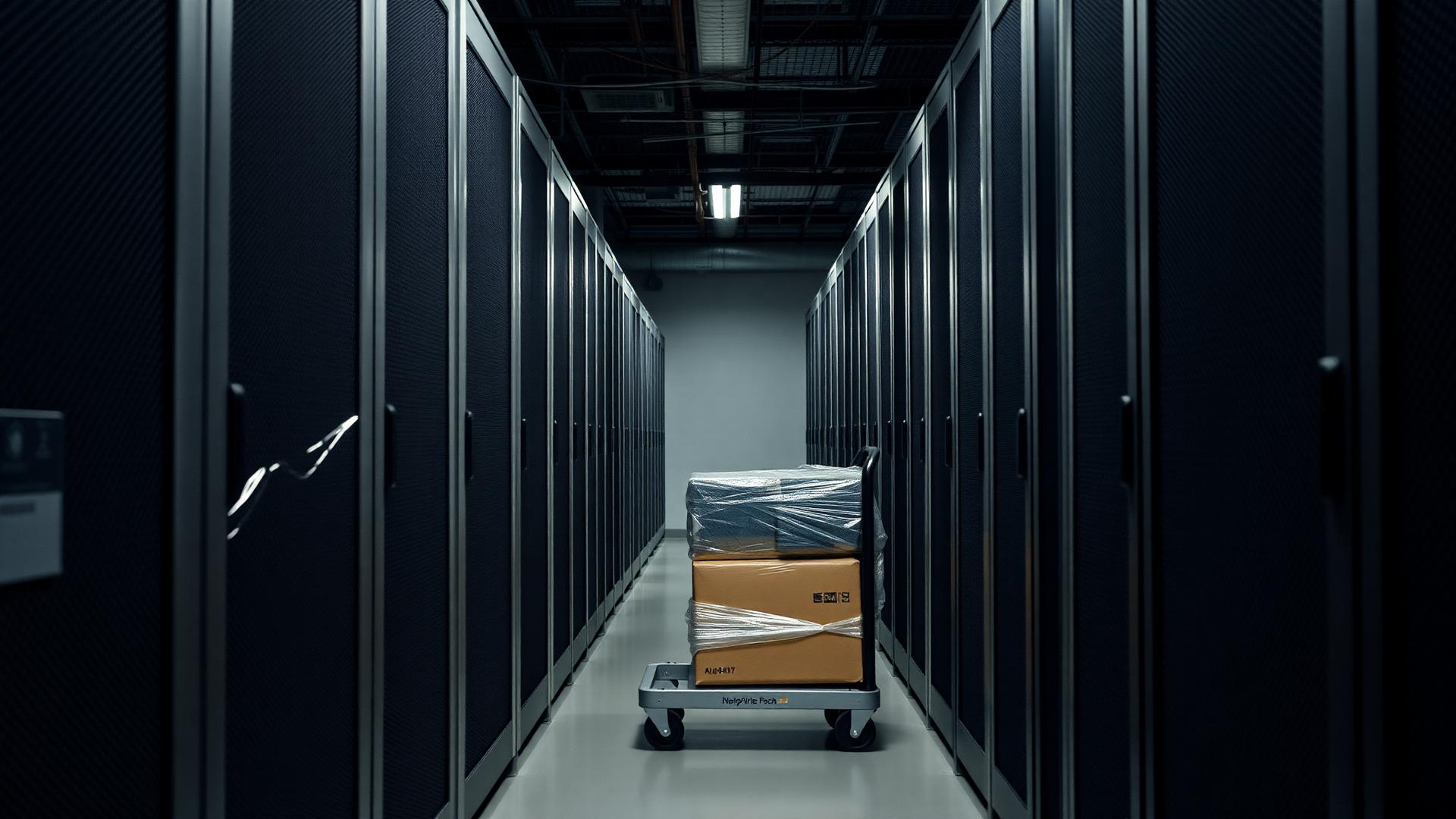 Corridoio data center con imballaggi hardware